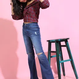 tokyo talkies Casual Regular Sleeves Checkered Women Maroon Top image 2