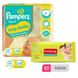 Pampers New Baby Diapers New Born - 24 Pieces &  Babyhug Premium Baby Wipes - 80 Pieces-image-88