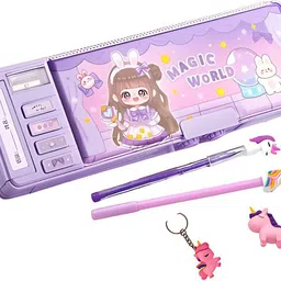 k3nterprises Cartoon Magic World Dual Password Pencil Box Set with Cute Pens Eraser Keychain cartoon Art Plastic Pencil Box-picture-10