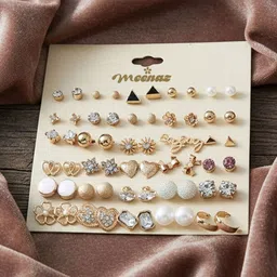 DIVASTRI Set Of 30 Gold-Plated Stones Studded & Pearls Beaded Contemporary Shaped Studs image 2