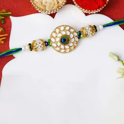 eCraftIndia Peacock Feather Pearls Designer Thread Rakhi With Roli Chawal image 2