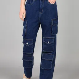 Crazeis Women Comfort Wide Leg High-Rise Light Fade Acid Wash Stretchable Cargo Jeans-image-85