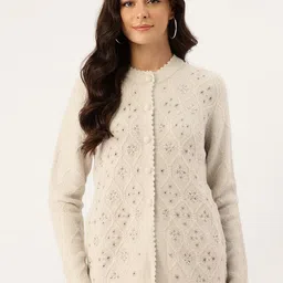 APSLEY Self Design Floral Embroidery Scallop Hem Cardigan-image-6