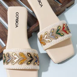 CORSICA Women Cream Synthetic Embellished Slip-On Ethnic Open Toe Flats-image-58