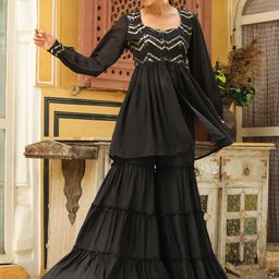 Janasya Geometric Embroidered Sweetheart Neck Sequinned Georgette Kurta with Sharara-picture-9