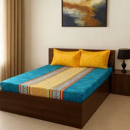 Portico Vienna Blue & Yellow 144 TC Double Cotton Bedsheet Set 2.24m X2.54 m-image-18