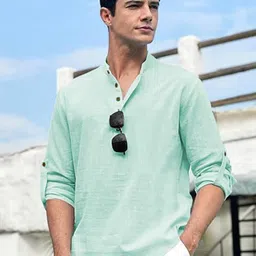 APEKTRA Cotton Mandarin Collar Roll-Up Sleeves Straight Short Kurta-image-9