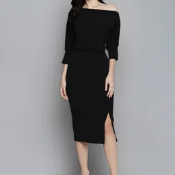 Mast & Harbour Asymmetric Neck Cuffed Sleeve Slit Sheath Midi Dress image 2