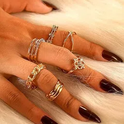 TheVineGirl Set Of 8 Gold Plated Crystals Studded Adjustable Finger Rings image 3