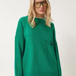Happiness istanbul Yeil Women Ribbed Long Sleeves Pullover Sweater-image-73