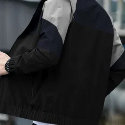 NATRIS Men Colourblocked Windcheater Biker Jacket with Embroidered image 2