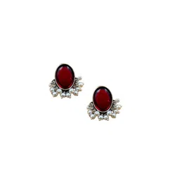 NAMAN ARTS Silver-Plated Artificial Stones Studded and Beaded Oval Shaped Drop Earrings image 2