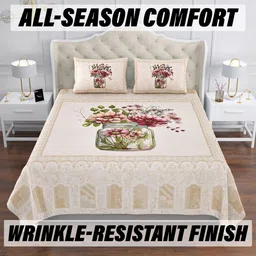 Aura Cream-Coloured & Green Graphic 160 TC King Bedsheet with 2 Pillow Covers image 5