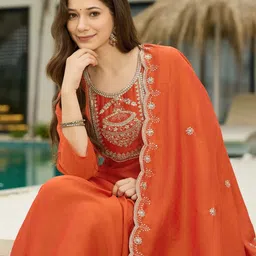 KALINI Orange Vichitra Silk Embroidered Anarkali Kurta Set with Dupatta image 4