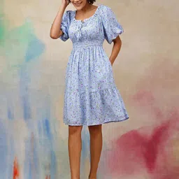 House Of Zelena Women Floral Printed Tie-Up Neck Puff Sleeve Maternity Fit & Flare Dress image 2