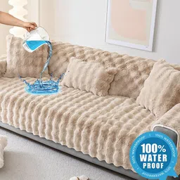 DREAM CARE Beige & Beige Polyester 3 Piece Sofa Cover With Arms image 2