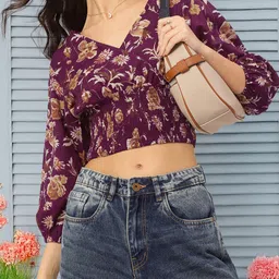 DressBerry Delicate Florals Wrap-Style Blouson Crop Top-image-5