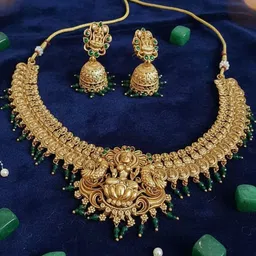 FIMBUL Gold-Plated Stone-Studded & Beaded Temple Necklace and Earrings-image-7