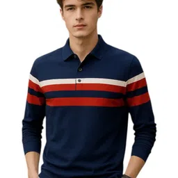 FAOES Men Striped Polo Collar Cotton T-shirt-image-53