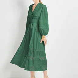 JC Collection Women V-Neck Self Design Lace Inserts Puff Sleeves Midi A-Line Dress image 2