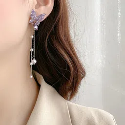 Women Silver Tone Purple Butterfly Lever Back Drop Earrings Crystal Metal Drops & Danglers-image-88