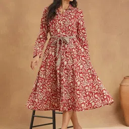 Fabindia Women's Red Printed Spread Collar Full Sleeves Fit & Flared Dress image 5