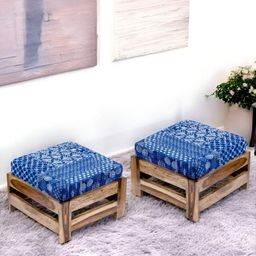 Ikiriya 2Pcs Blue & Brown Printed Wooden Stool-picture-5