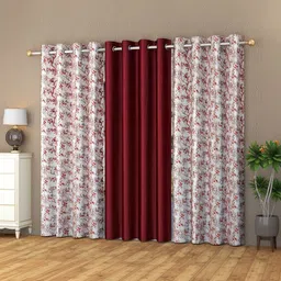 GEET CREATIONS Maroon Set of 3 Floral Room Darkening Door Curtain-picture-20