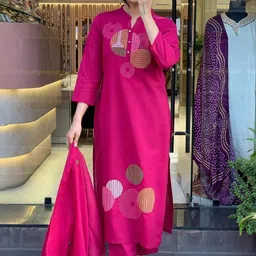 Ruaati Women Embroidered Thread Work Regular Pure Cotton Kurta with Trousers & Dupatta image 3