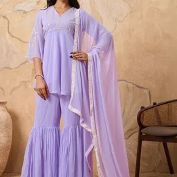 House of Pataudi Women Floral Embroidered A-Line Kurta with Sharara & Dupatta-picture-32