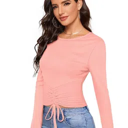 SHOPONBIT Women Textured Tie-Ups Round Neck Crop Cinched Waist Top image 4
