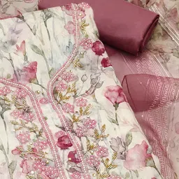 Peachmode Floral Embroidered Beads and Stones Unstitched Dress Material image 2