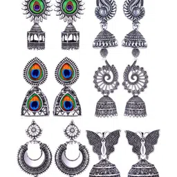 Sangria Set Of 6 Silver Plated Oxidized Jhumka Earrings-picture-12