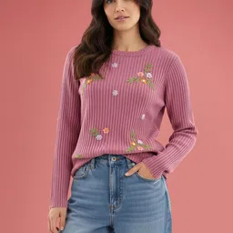 DressBerry Ribbed Floral Embroidered Acrylic Pullover-image-65