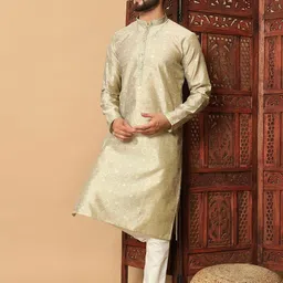 dvilla Men's Pale Gold Woven Pattern Kurta with Embroidered Collar image 3