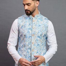 House of Pataudi Woven Design Mandarin Collar Nehru Jacket-picture-49