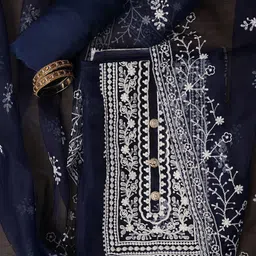 Desi Fusion Floral Embroidered Thread Work Organza Unstitched Dress Material-image-68
