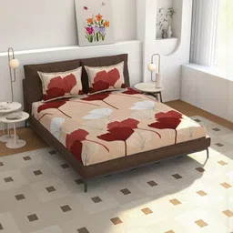 NEW TOWN Beige & Maroon Floral 210 TC Queen Bedsheet with 2 Pillow Covers-image-53