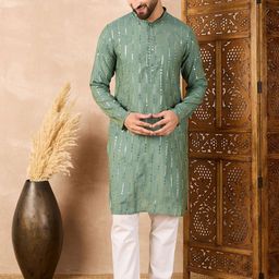 House of Pataudi Men Embroidered Sequinne Mandarin Collar Straight Kurta-picture-3