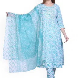 WOOL 4U Women Floral Printed Empire Kurta with Trousers & With Dupatta-picture-14