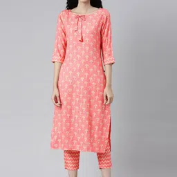 Samhitas Floral Printed Tie-Up Neck Pure Cotton Straight Kurta With Trouser-image-23