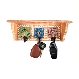 apka mart Brown & Black Printed Wooden Shelf With Wall Hooks Key Holder image 3