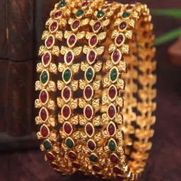 SGA FASHION Set Of 4 Gold-Plated Flower Traditional Temple Bangles-picture-30