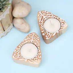 Aapno Rajasthan Cream And Brown 2 Pieces Wooden Candle Holders-image-64