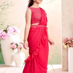 BAESD Girls Rani Threat Embroidery Georgette Lehenga Saree With Attachable Dupatta image 2