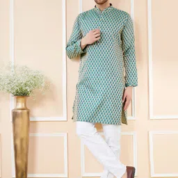 See Designs Ethnic Motifs Woven Design Mandarin Collar Silk Jacquard Straight Kurta-image-5