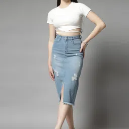 COSMIC TRIO A-Line Distressed Denim Midi Skirt image 5