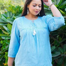 YASH GALLERY Embroidered Keyhole Neck Cotton Top image 3