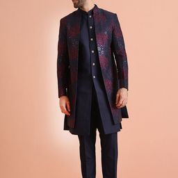 KISAH Men Jacquard Regular Solid Jacket Sherwani Trouser Set-picture-6