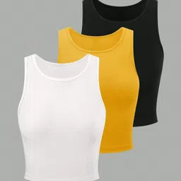 BAESD Pack Of 3 Ribbed Round Neck Sleeveless Tank Crop Tops-picture-19